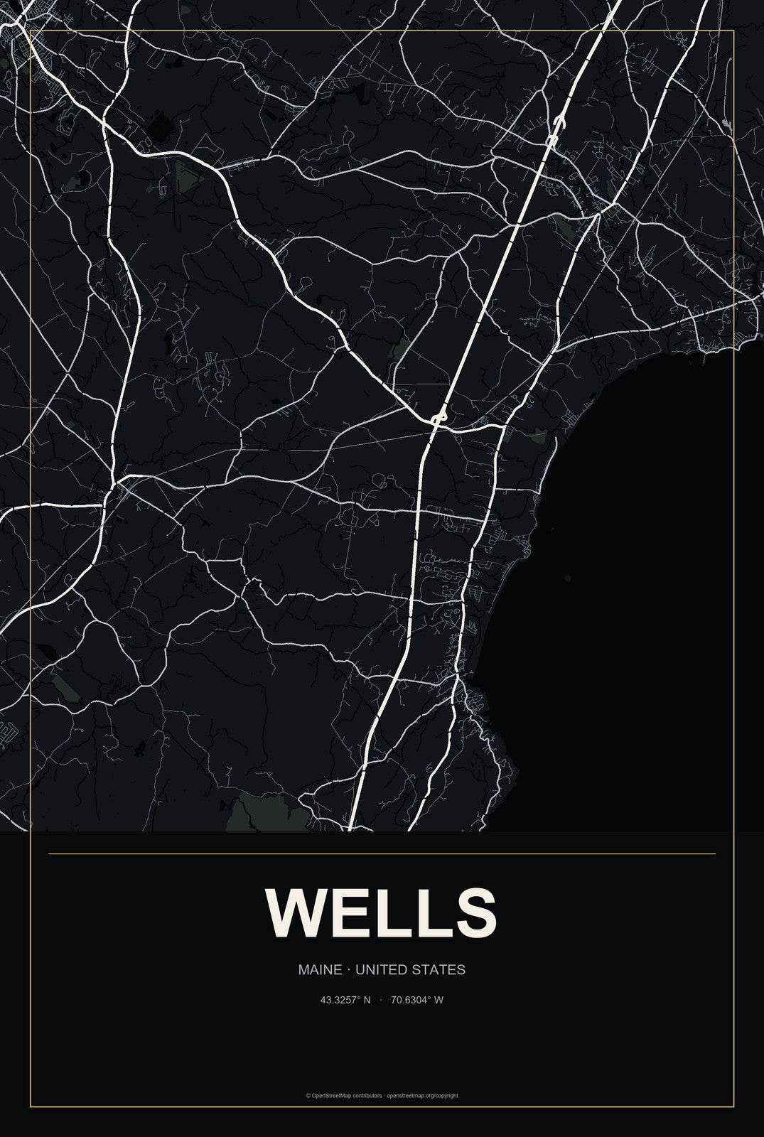 Wells, Maine City Map Aluminum Sign in Metropolitan Noir style