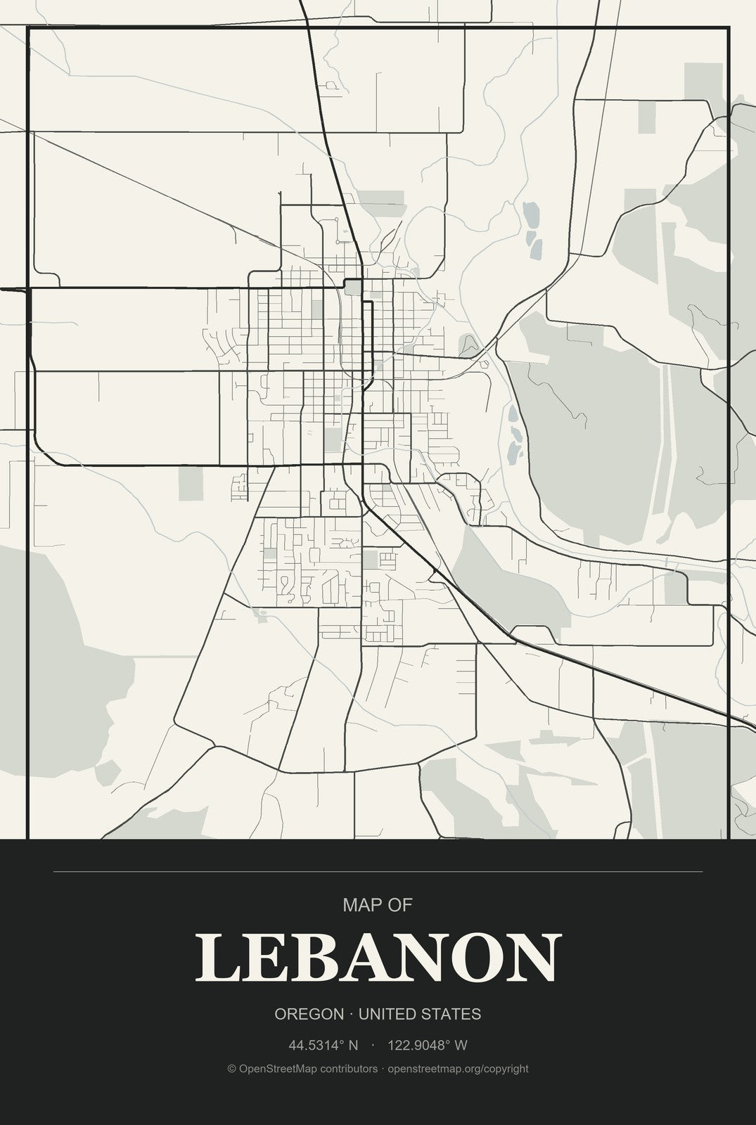 Lebanon, Oregon City Map Aluminum Sign in Museum Plaque style