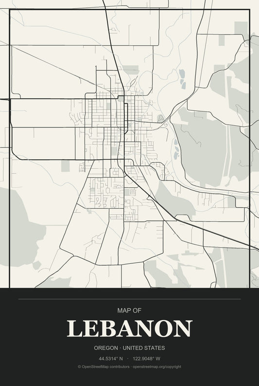 Lebanon, Oregon City Map Aluminum Sign in Museum Plaque style