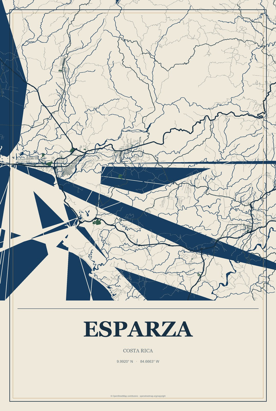 Esparza, Costa Rica City Map Aluminum Sign in Coastal Cutout style
