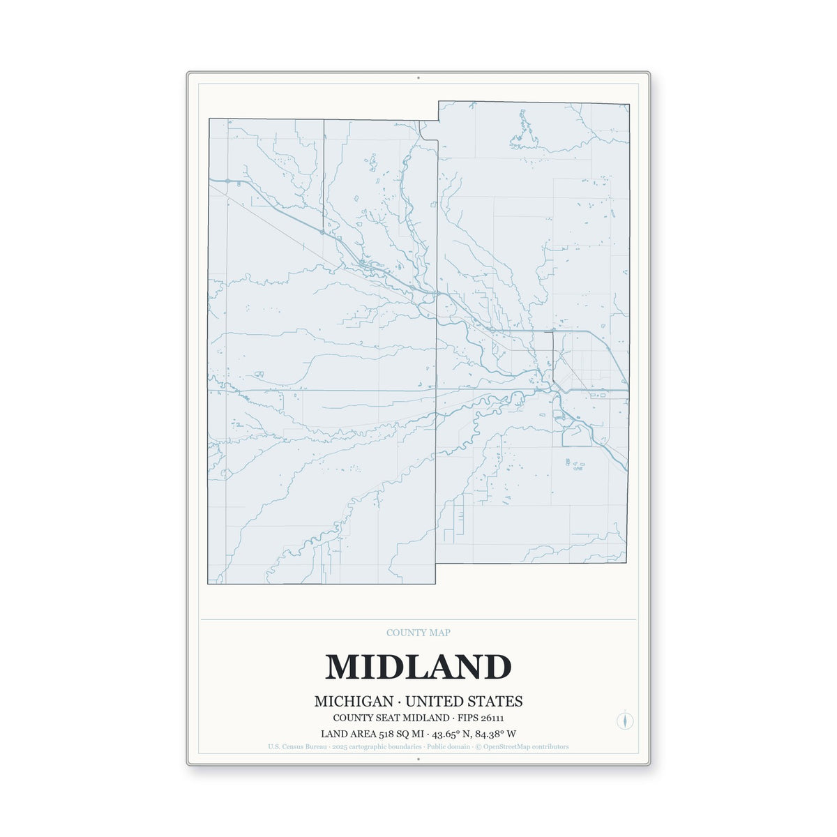 Midland County, Michigan Map Aluminum Sign in Gallery Air style