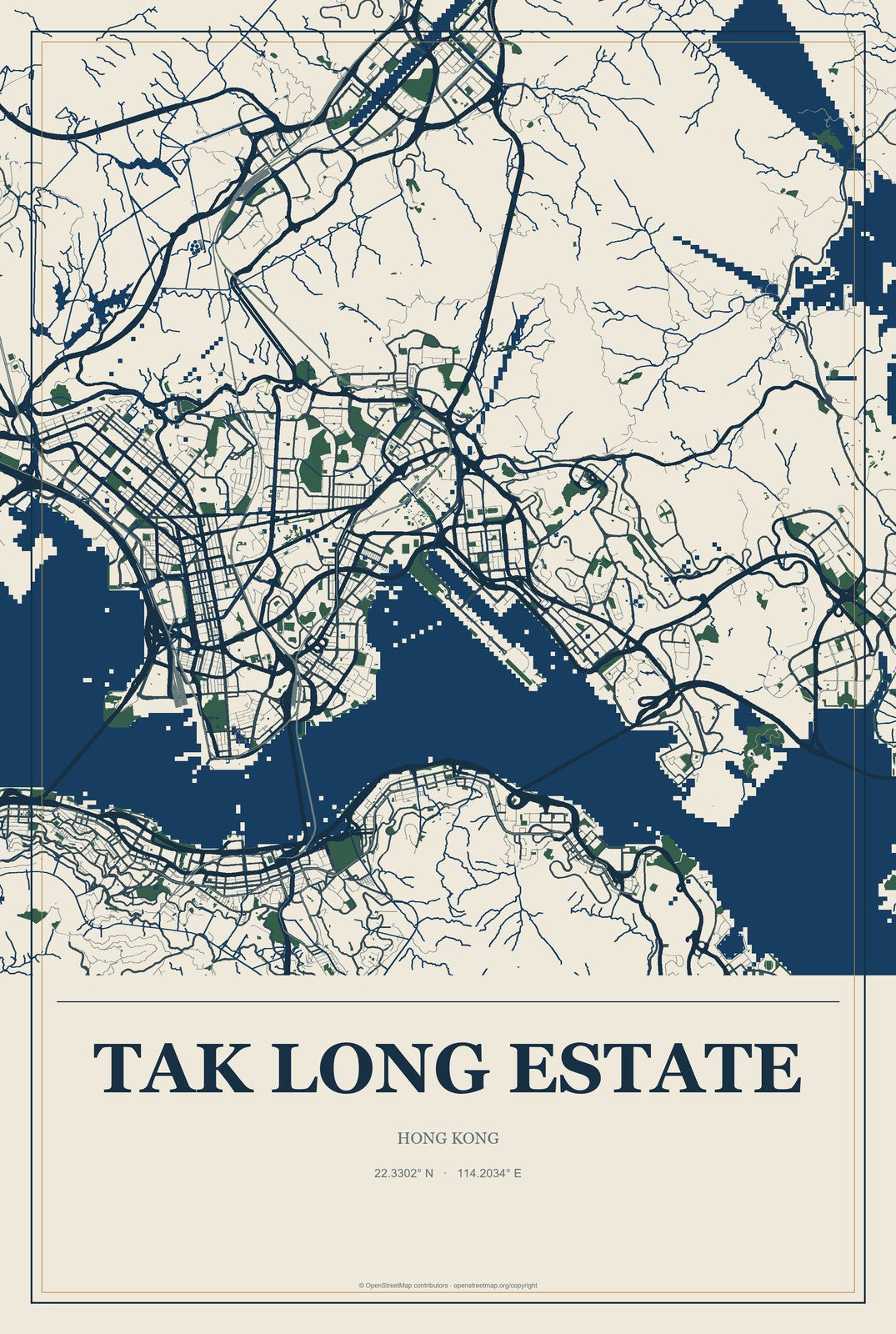 Tak Long Estate, Hong Kong City Map Aluminum Sign in Coastal Cutout style
