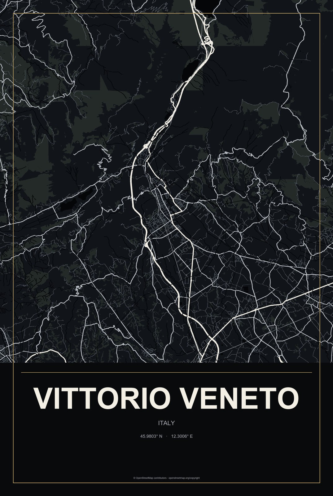 Vittorio Veneto, Italy City Map Aluminum Sign in Metropolitan Noir style