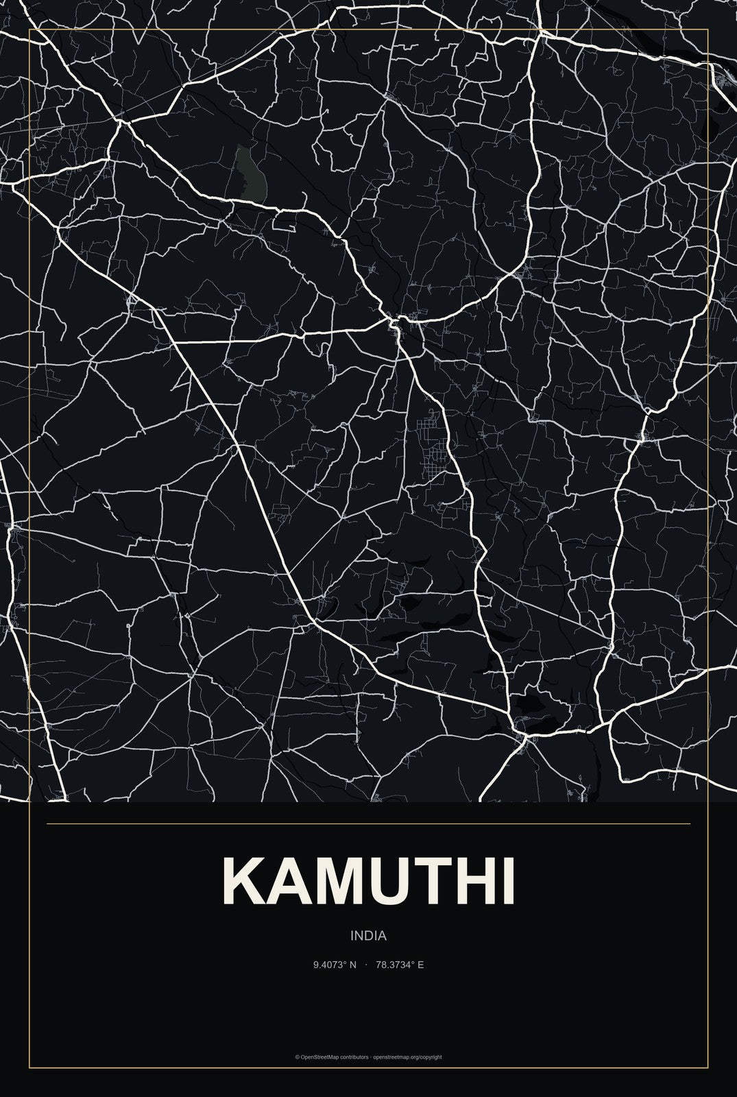 Kamuthi, India City Map Aluminum Sign in Metropolitan Noir style