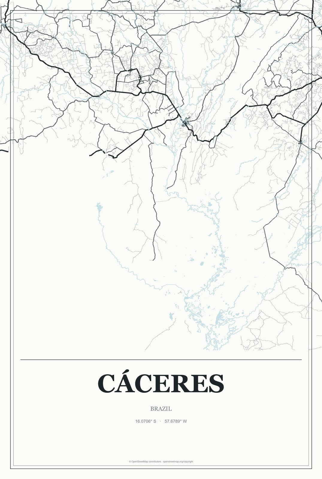 Cáceres, Brazil City Map Aluminum Sign in Gallery Air style