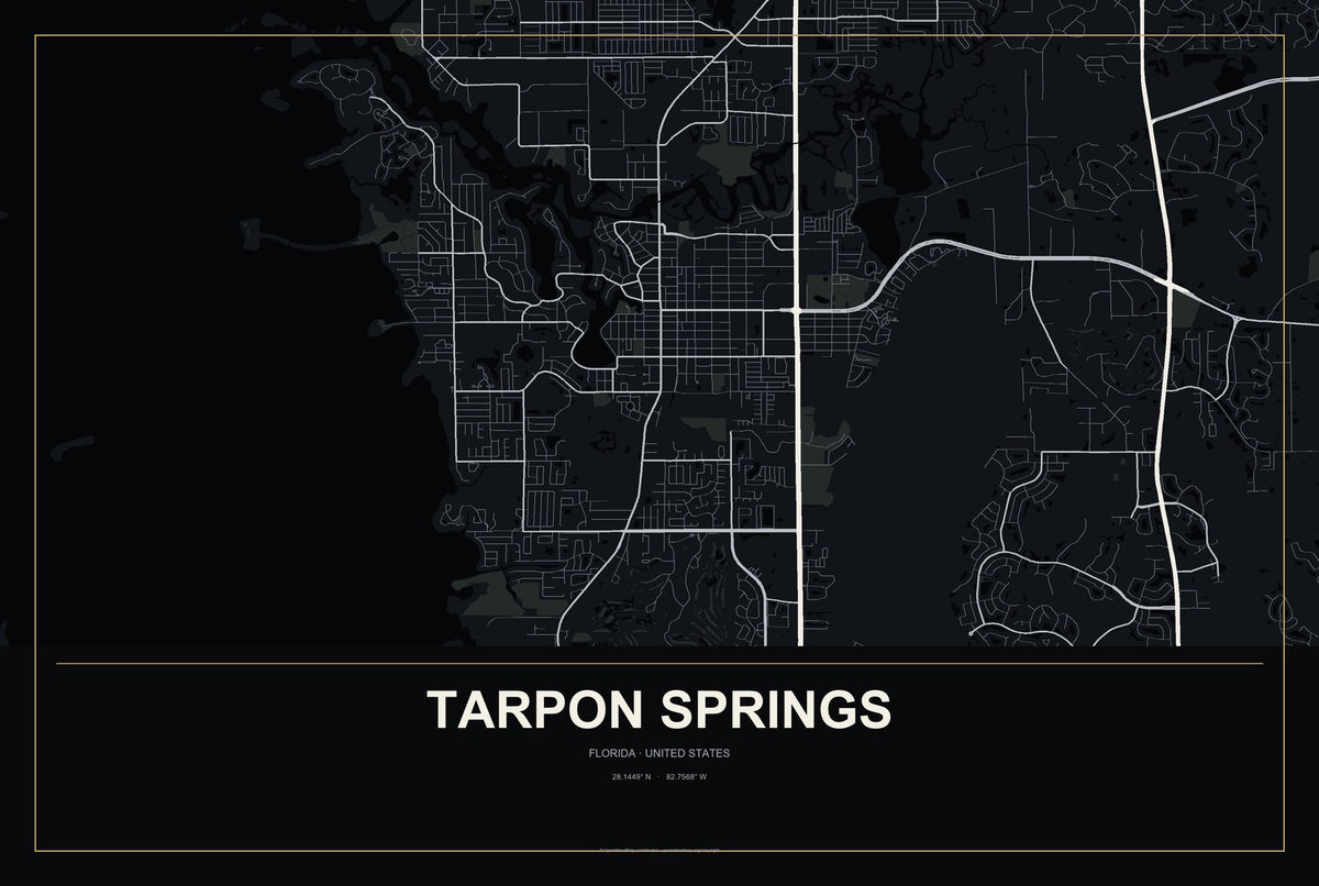 Tarpon Springs, Florida City Map Aluminum Sign in Metropolitan Noir style