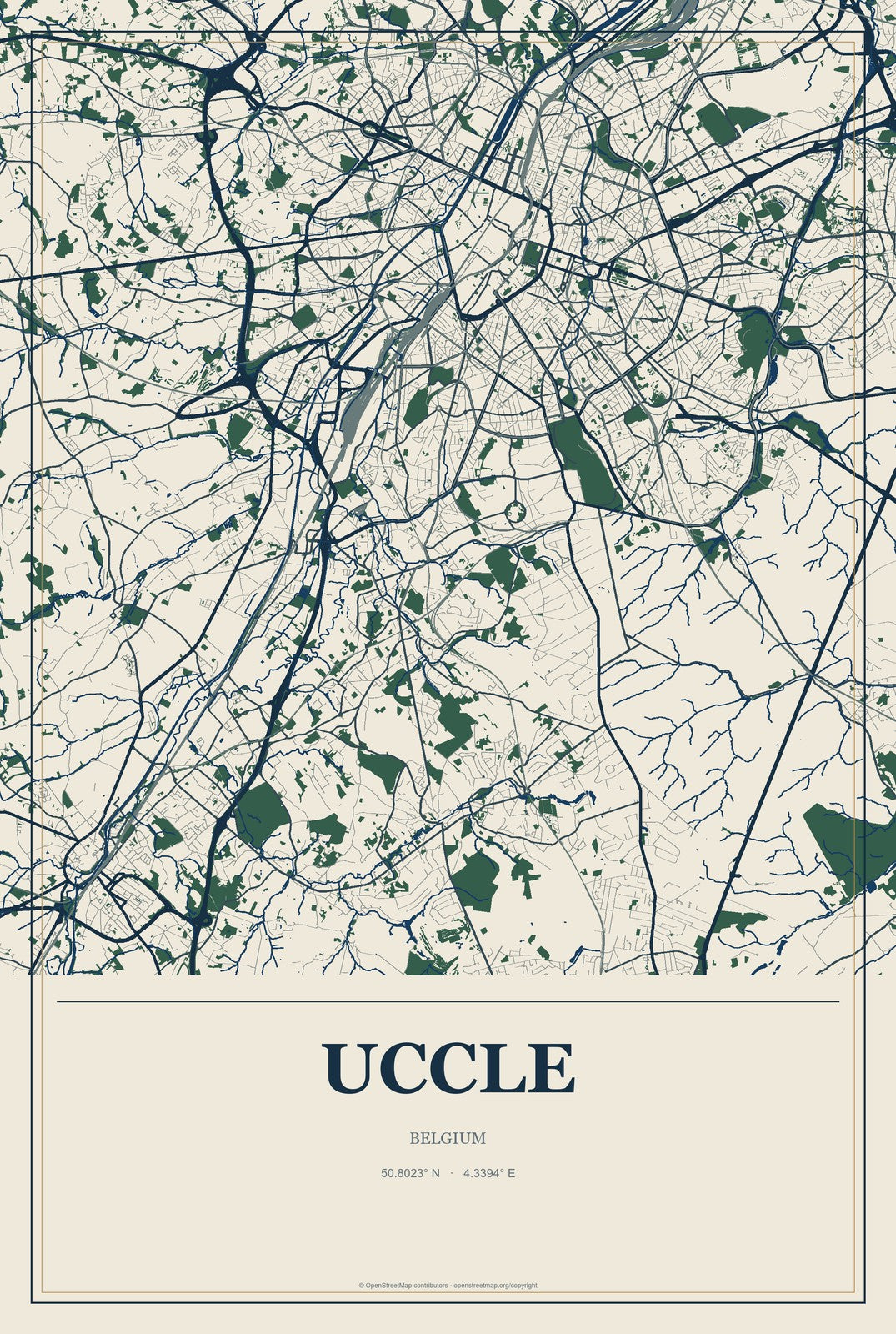 Uccle, Belgium City Map Aluminum Sign in Coastal Cutout style
