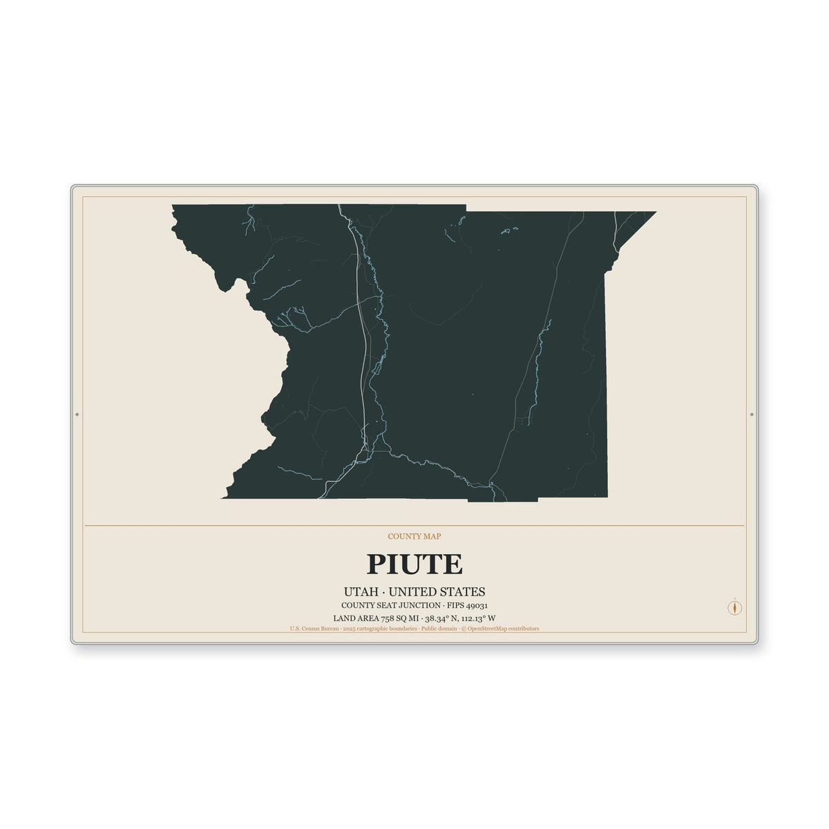 Piute County, Utah Map Aluminum Sign in Headline Atlas style