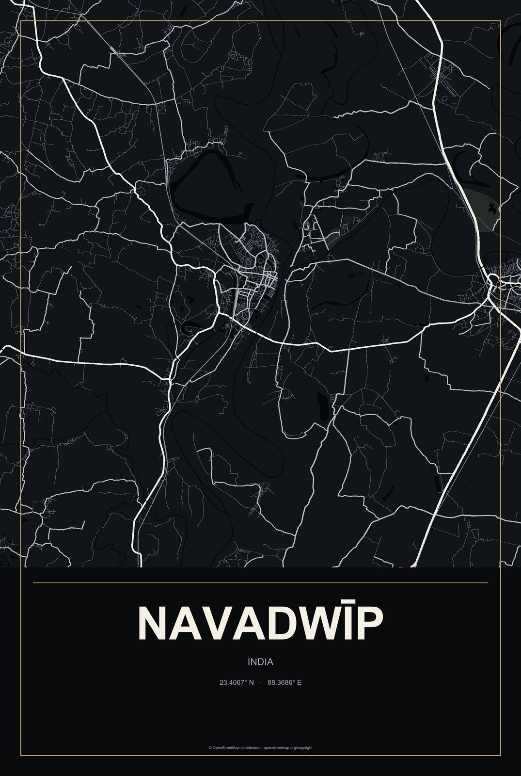 Navadwīp, India City Map Aluminum Sign in Metropolitan Noir style