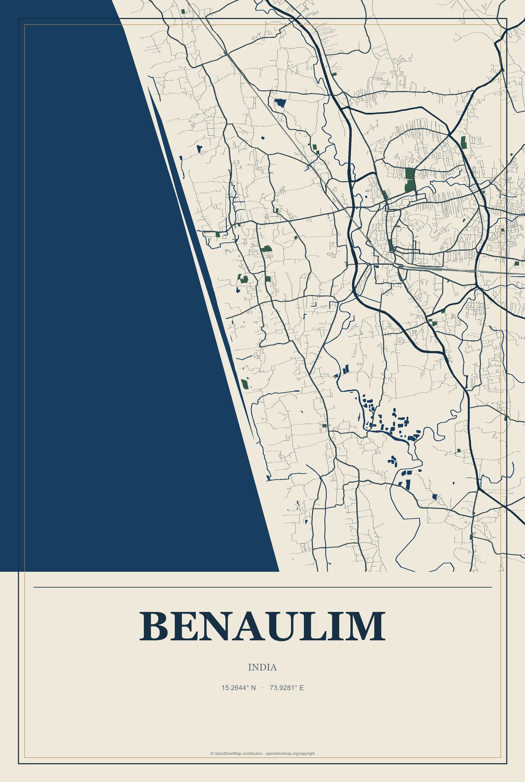 Benaulim, India City Map Aluminum Sign in Coastal Cutout style