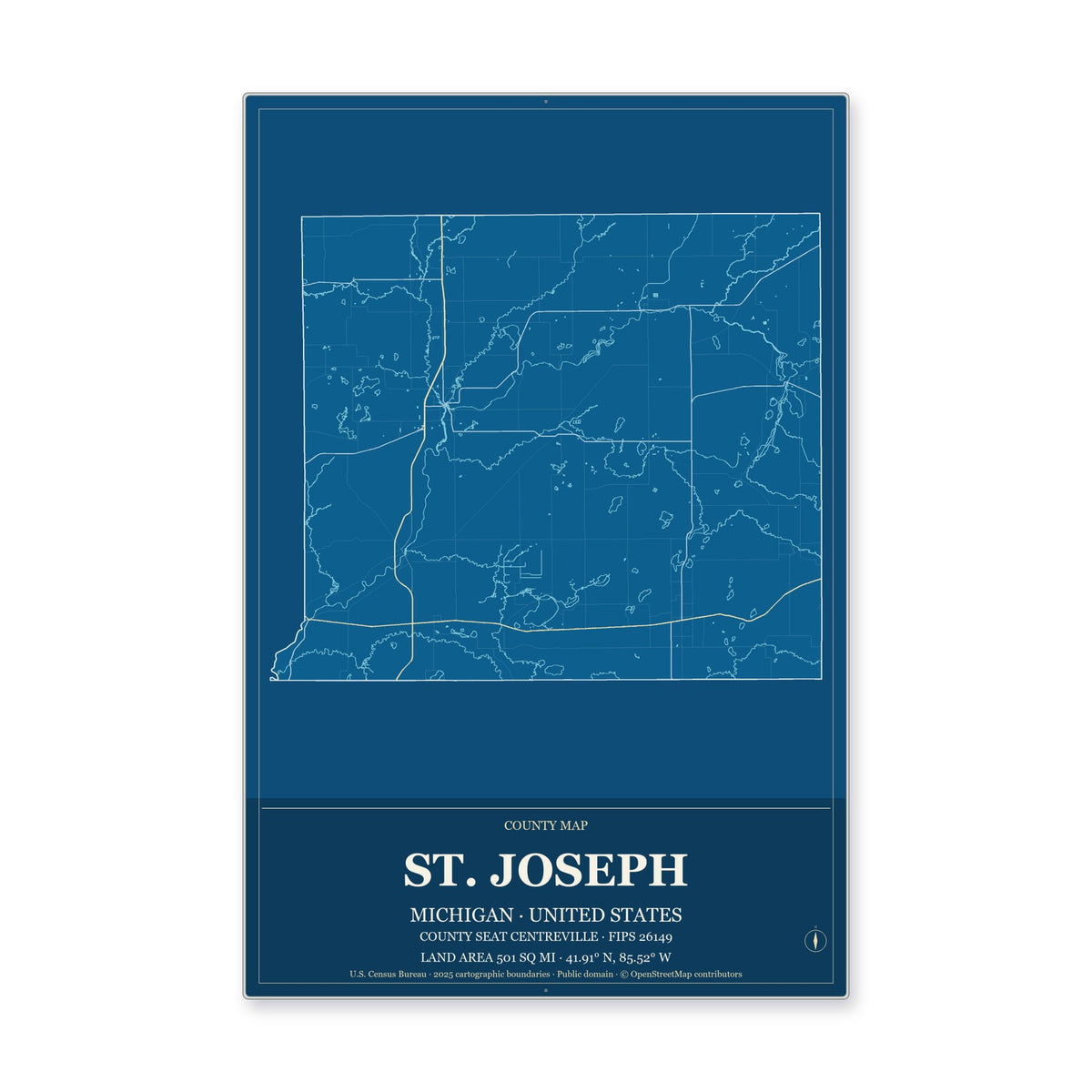 St. Joseph County, Michigan Map Aluminum Sign in Harbor Cobalt style