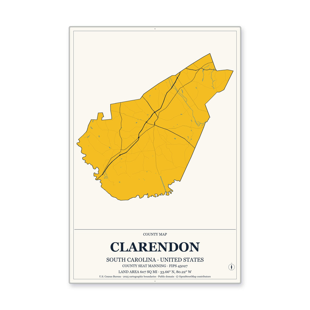 Clarendon County, South Carolina Map Aluminum Sign in Citrine Modern style