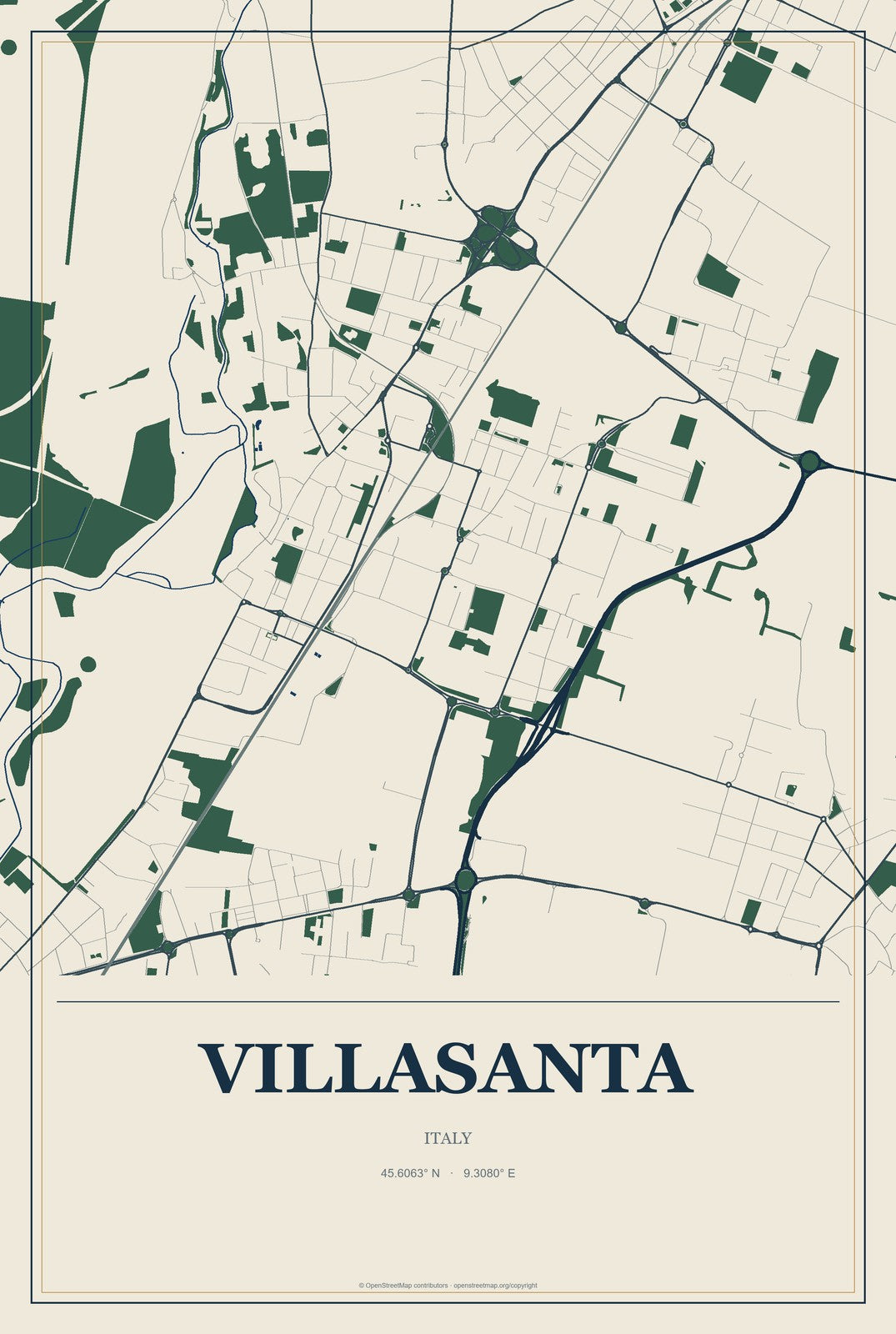 Villasanta, Italy City Map Aluminum Sign in Coastal Cutout style