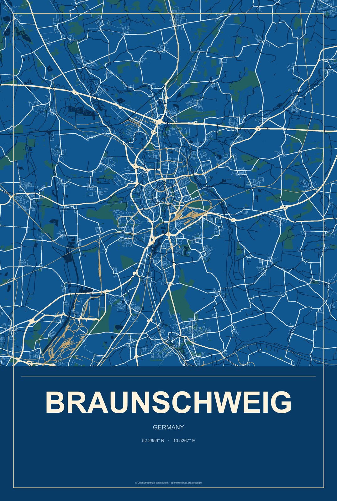 Braunschweig, Germany City Map Aluminum Sign in Harbor Cobalt style