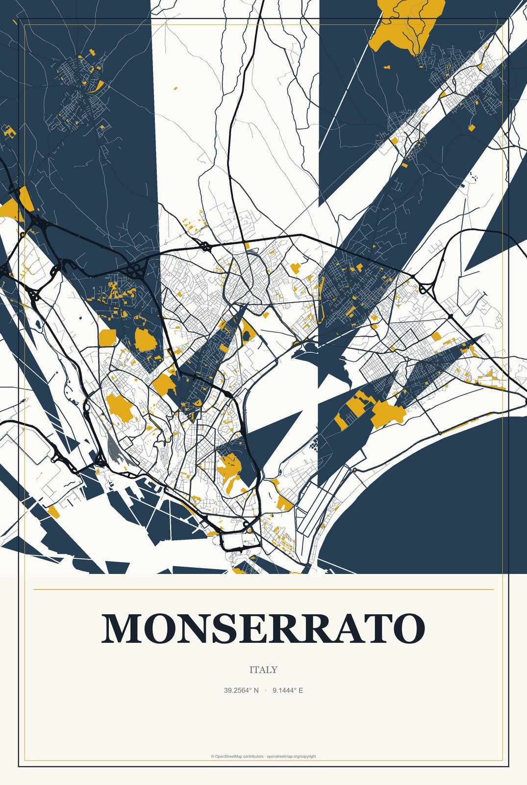 Monserrato, Italy City Map Aluminum Sign in Citrine Modern style