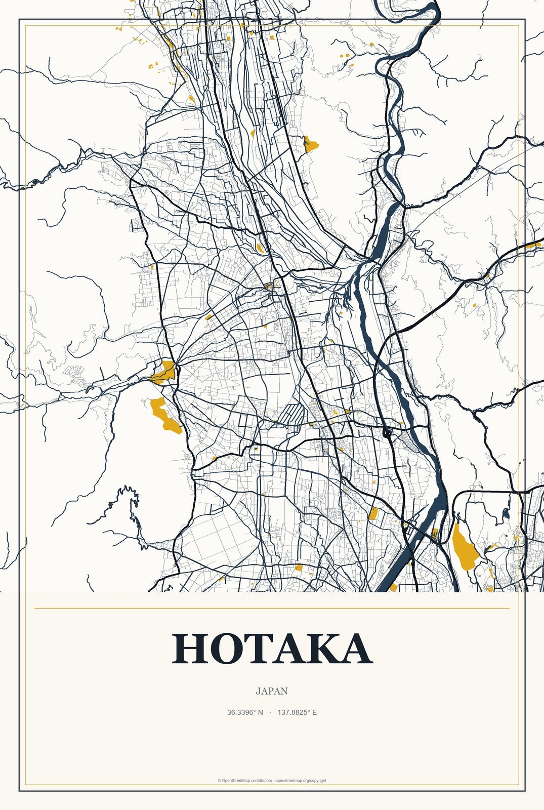 Hotaka, Japan City Map Aluminum Sign in Citrine Modern style