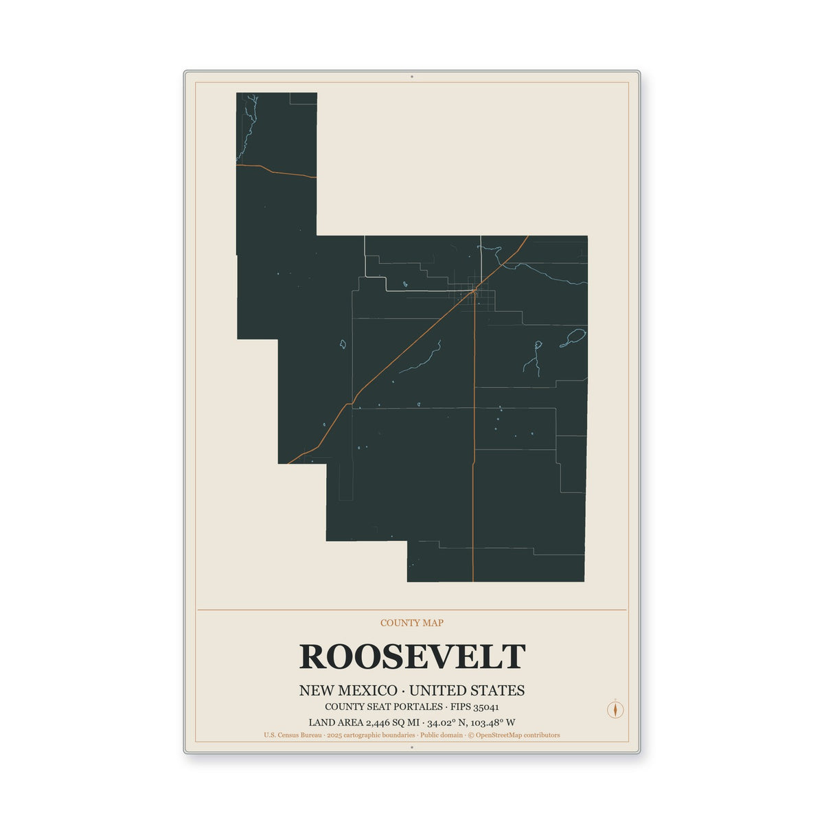 Roosevelt County, New Mexico Map Aluminum Sign in Headline Atlas style