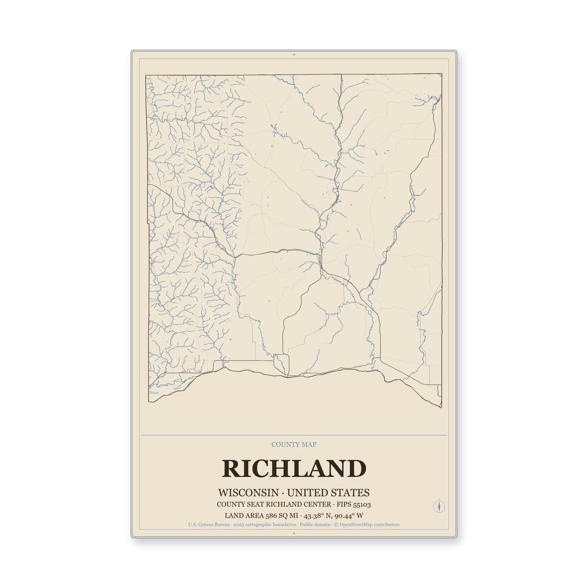 Richland County, Wisconsin Map Aluminum Sign in Heritage Nautical style