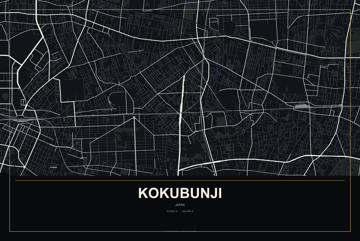 Kokubunji, Japan City Map Aluminum Sign in Metropolitan Noir style