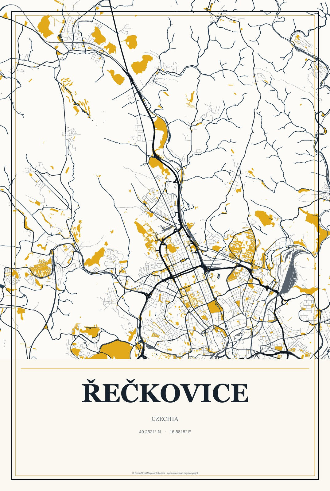 Řečkovice, Czechia City Map Aluminum Sign in Citrine Modern style