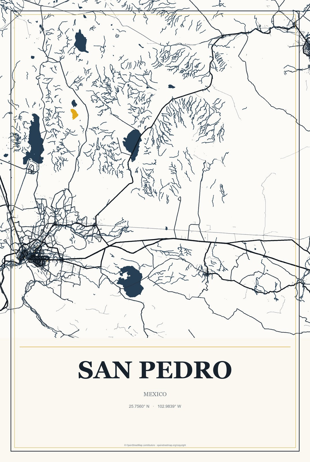 San Pedro, Mexico City Map Aluminum Sign in Citrine Modern style
