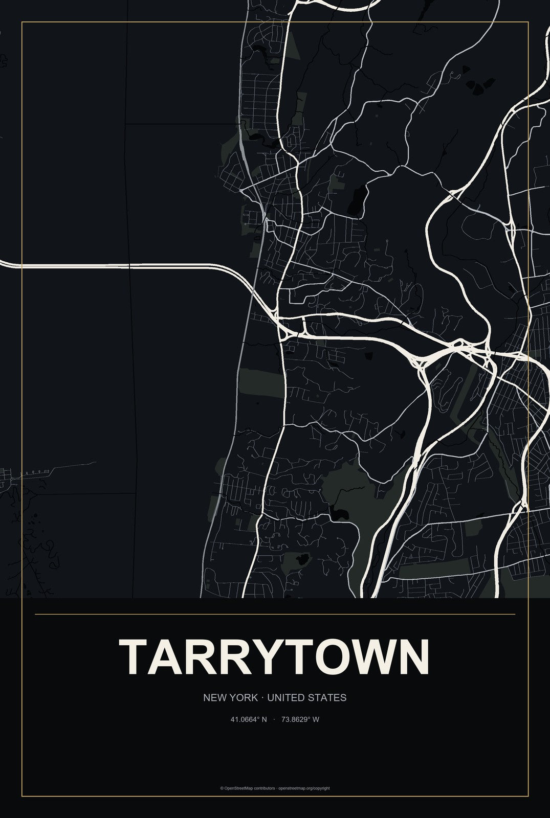 Tarrytown, New York City Map Aluminum Sign in Metropolitan Noir style