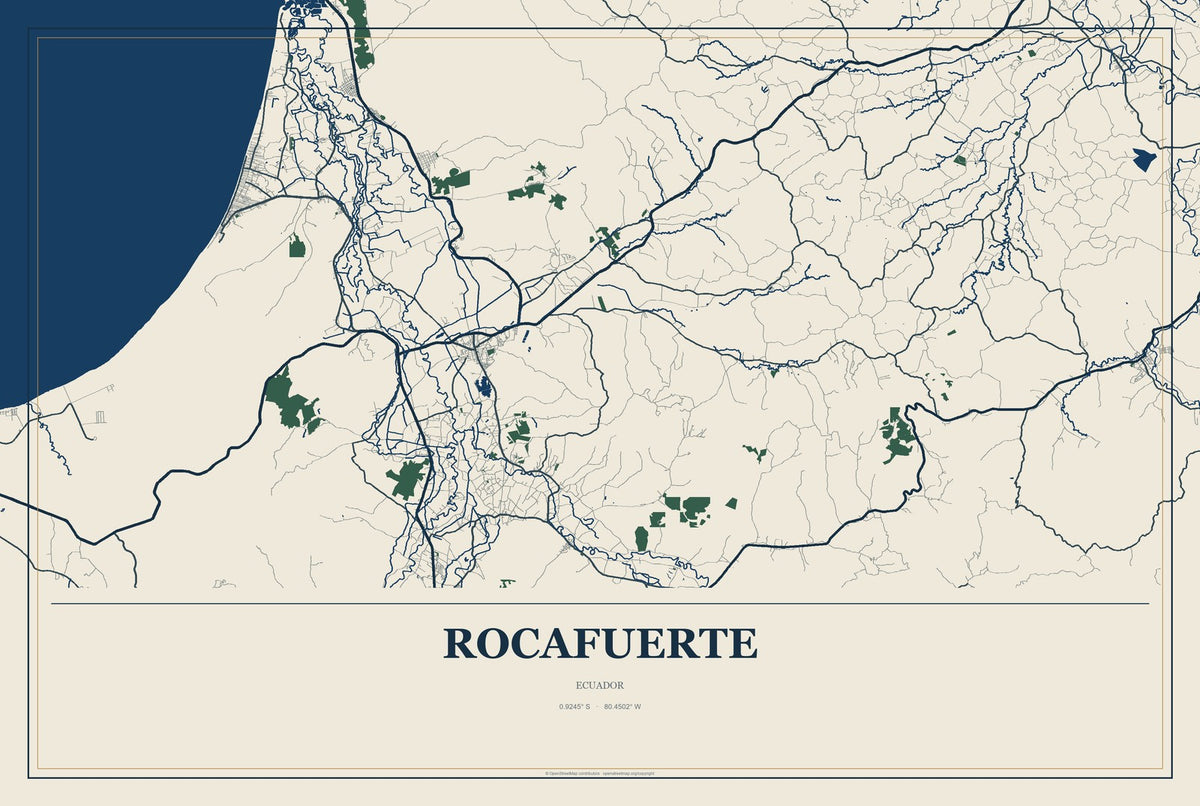 Rocafuerte, Ecuador City Map Aluminum Sign in Coastal Cutout style