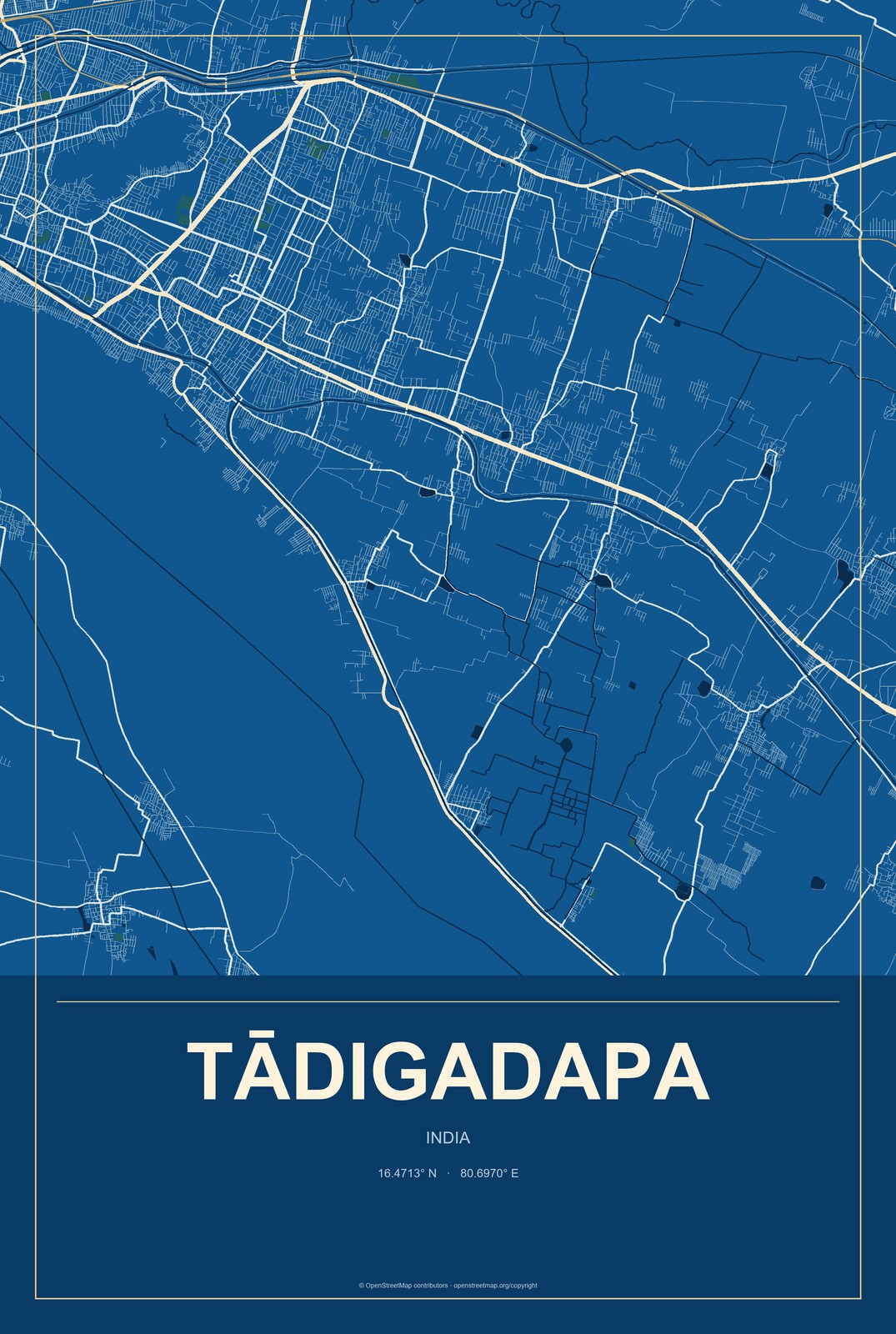 Tādigadapa, India City Map Aluminum Sign in Harbor Cobalt style