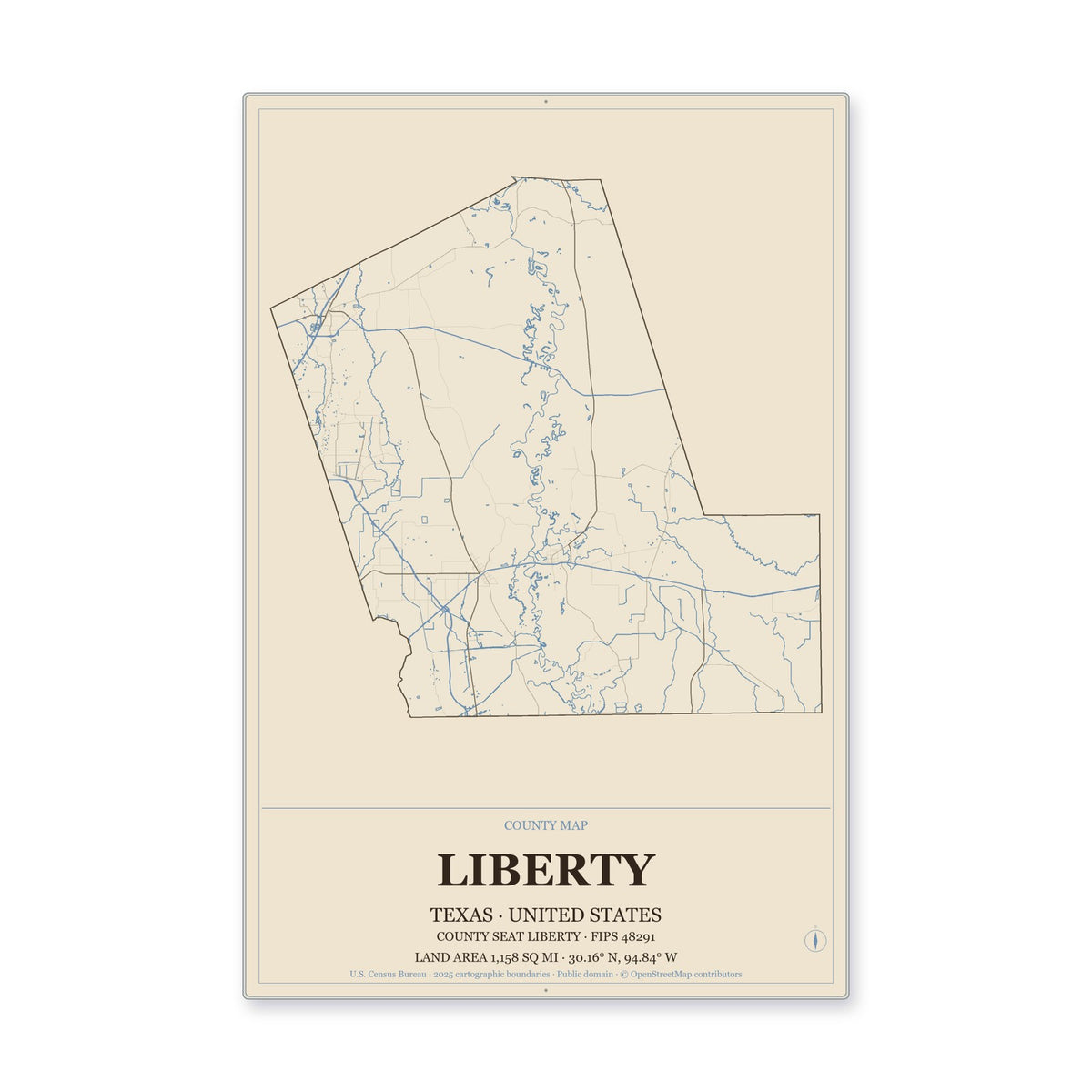 Liberty County, Texas Map Aluminum Sign in Heritage Nautical style