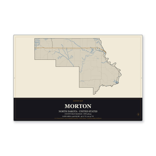 Morton County, North Dakota Map Aluminum Sign in Museum Plaque style