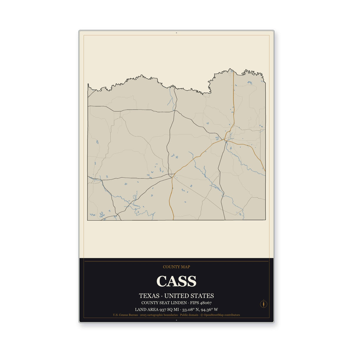 Cass County, Texas Map Aluminum Sign in Museum Plaque style