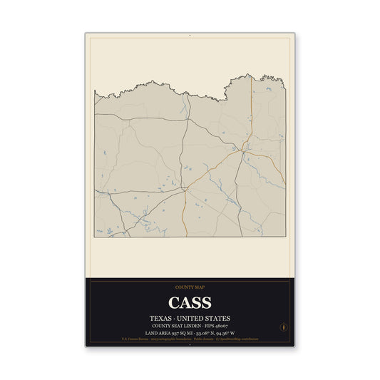 Cass County, Texas Map Aluminum Sign in Museum Plaque style