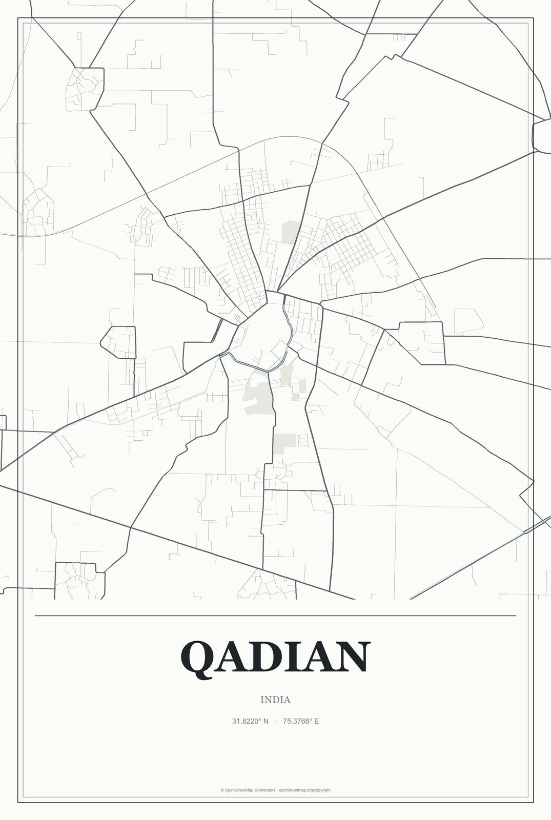 Qadian, India City Map Aluminum Sign in Gallery Air style