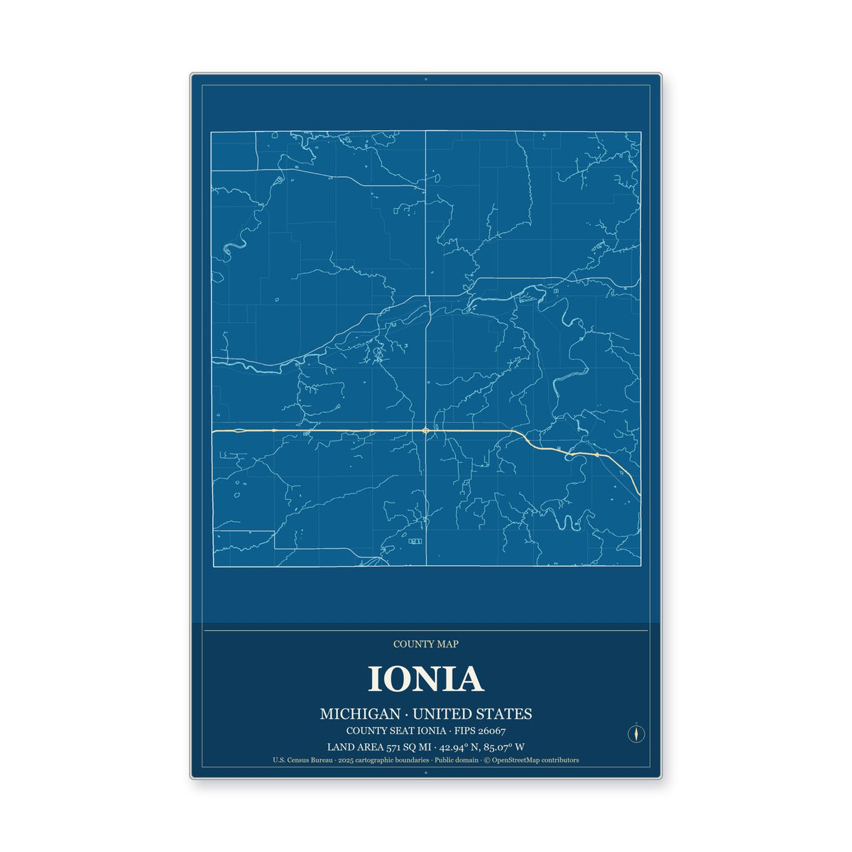 Ionia County, Michigan Map Aluminum Sign in Harbor Cobalt style