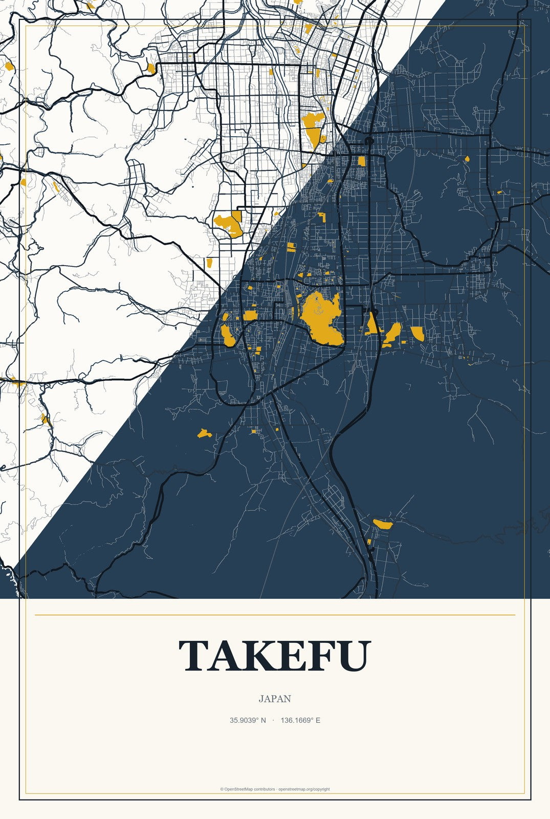 Takefu, Japan City Map Aluminum Sign in Citrine Modern style