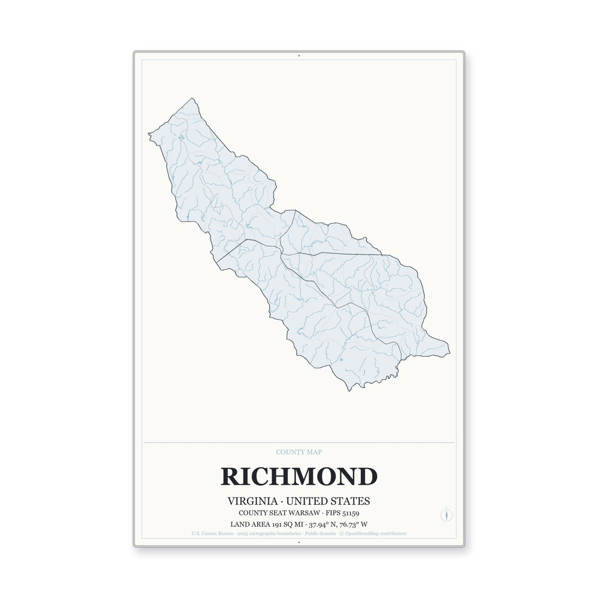 Richmond County, Virginia Map Aluminum Sign in Gallery Air style