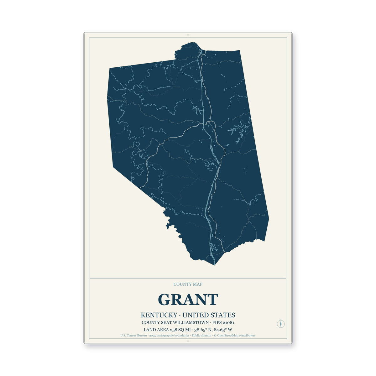 Grant County, Kentucky Map Aluminum Sign in Coastal Cutout style