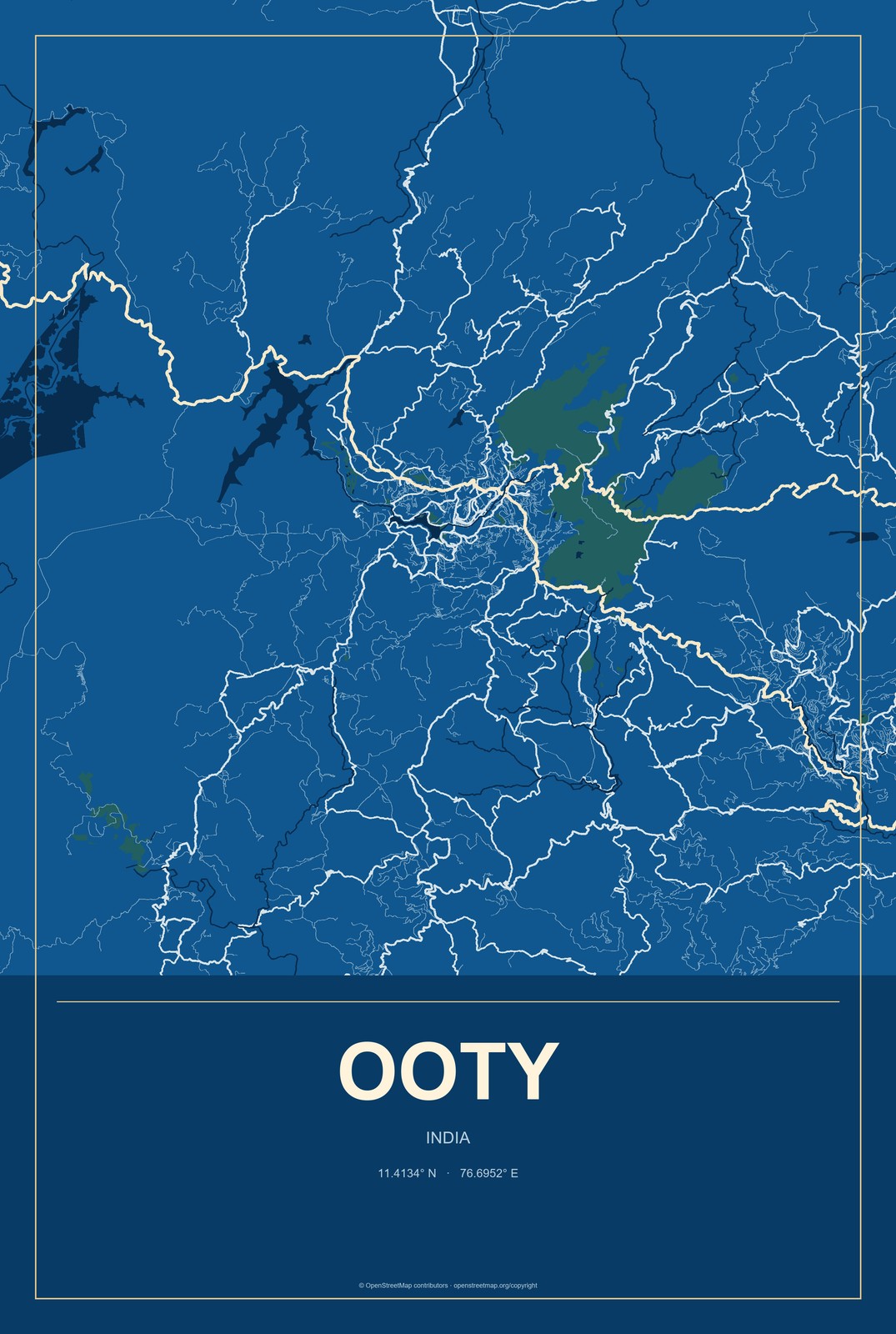 Ooty, India City Map Aluminum Sign in Harbor Cobalt style