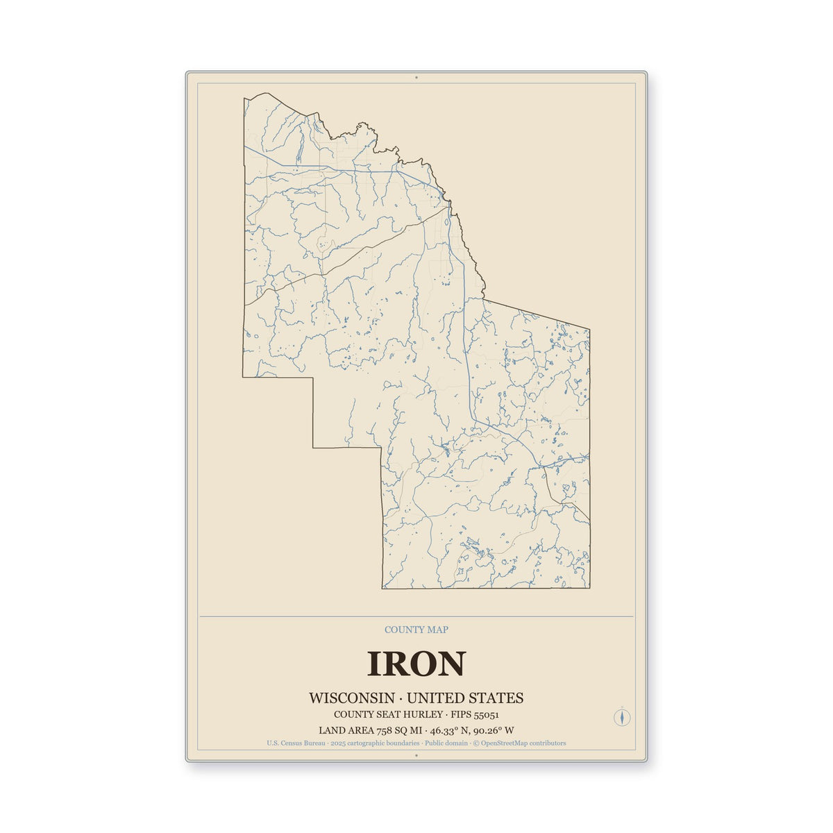 Iron County, Wisconsin Map Aluminum Sign in Heritage Nautical style