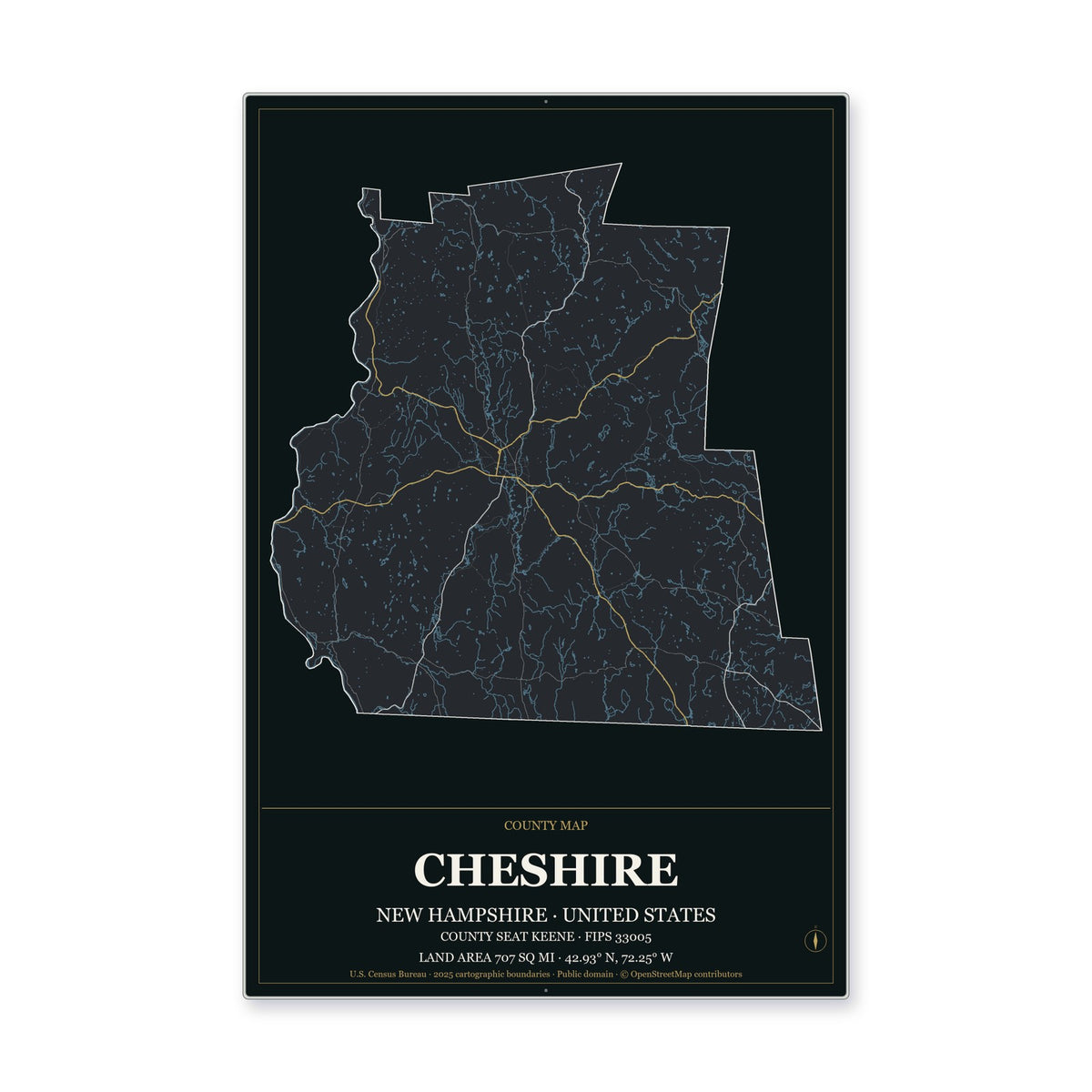 Cheshire County, New Hampshire Map Aluminum Sign in Metropolitan Noir style