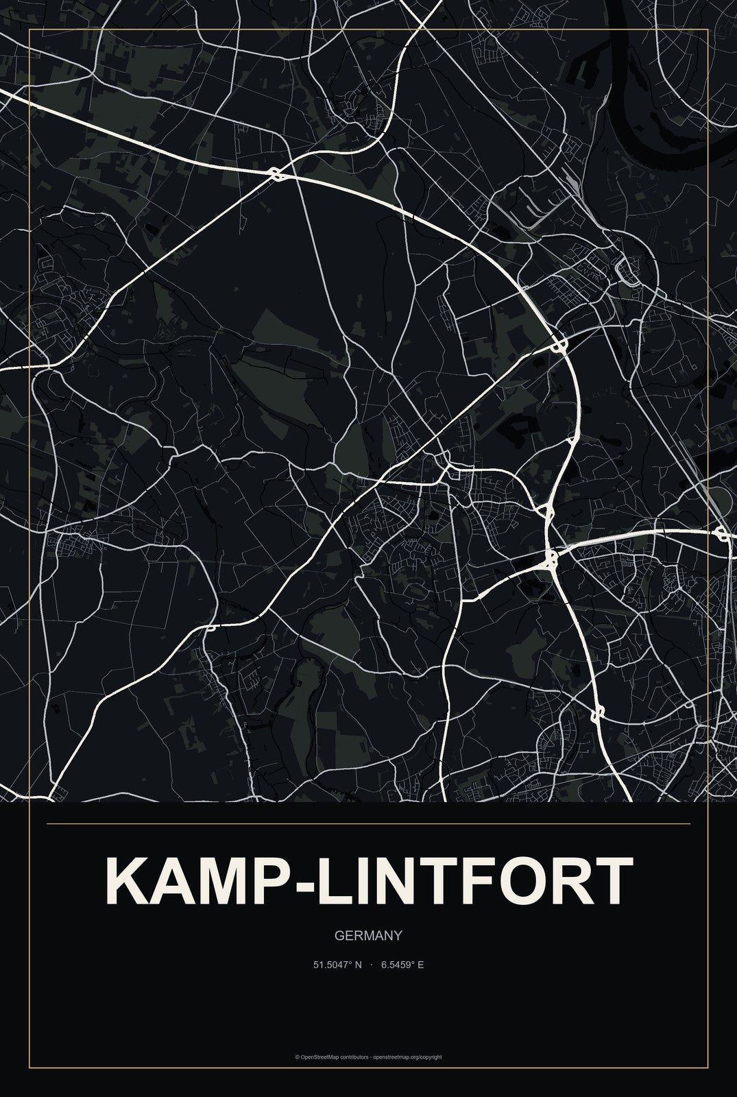 Kamp-Lintfort, Germany City Map Aluminum Sign in Metropolitan Noir style