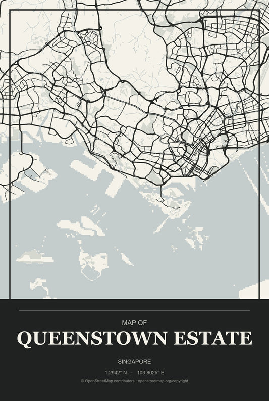 Queenstown Estate, Singapore City Map Aluminum Sign in Museum Plaque style