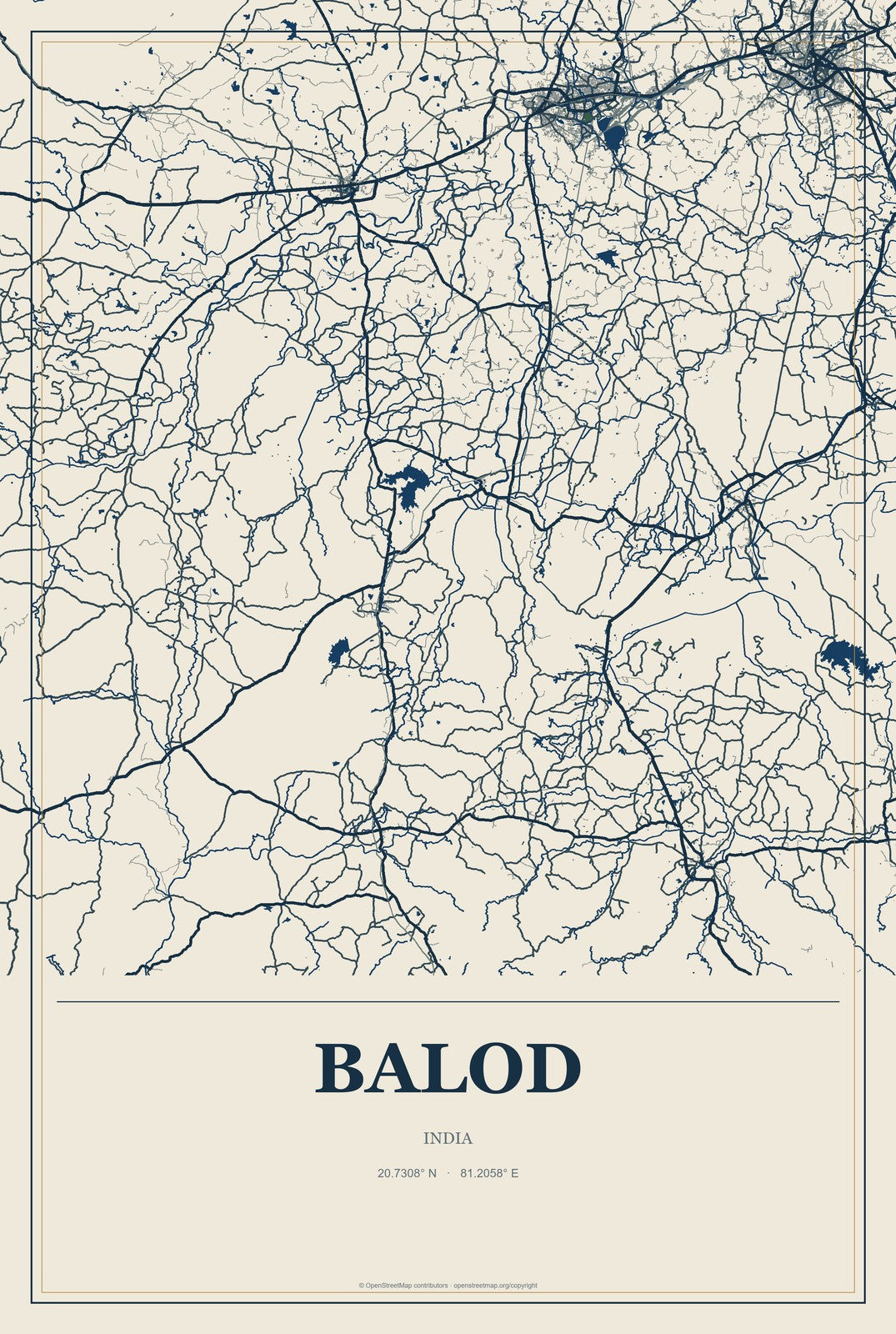 Balod, India City Map Aluminum Sign in Coastal Cutout style