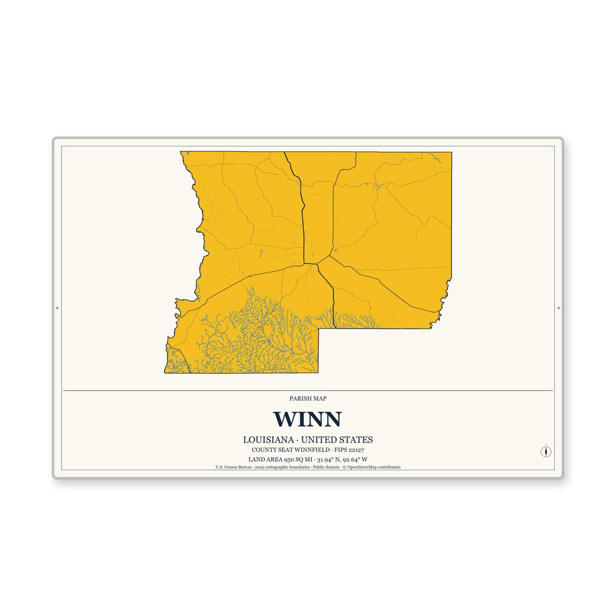 Winn Parish, Louisiana Map Aluminum Sign in Citrine Modern style