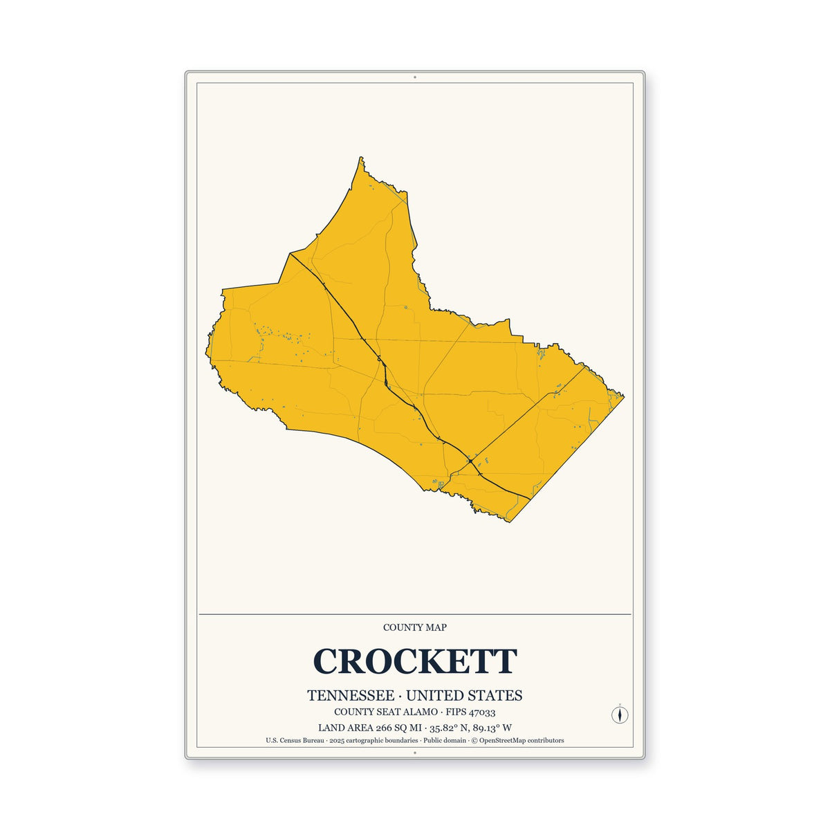Crockett County, Tennessee Map Aluminum Sign in Citrine Modern style