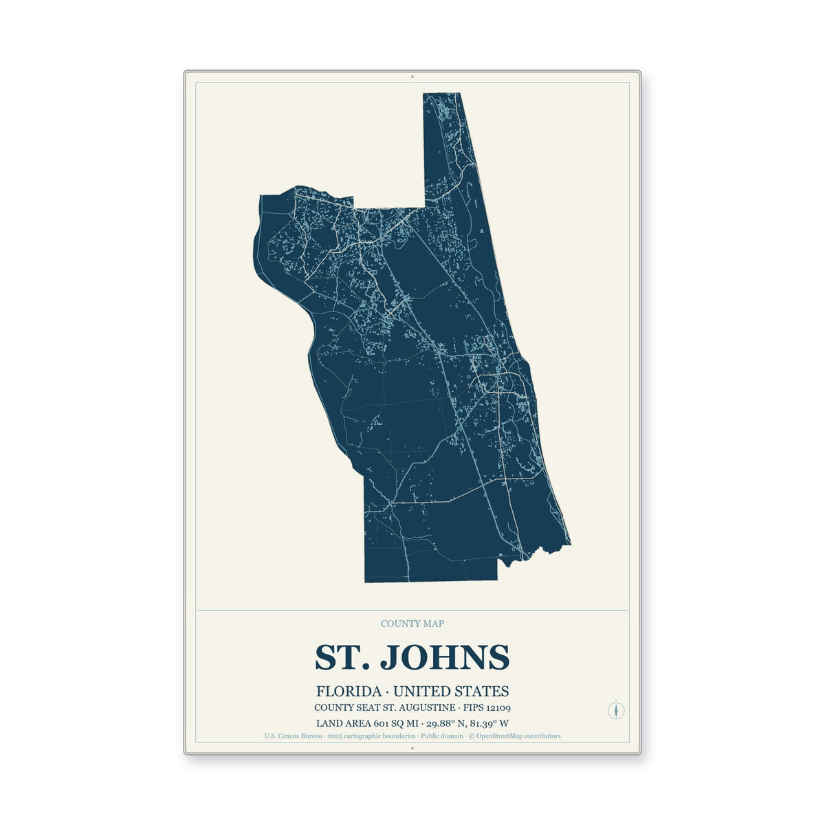 St. Johns County, Florida Map Aluminum Sign in Coastal Cutout style