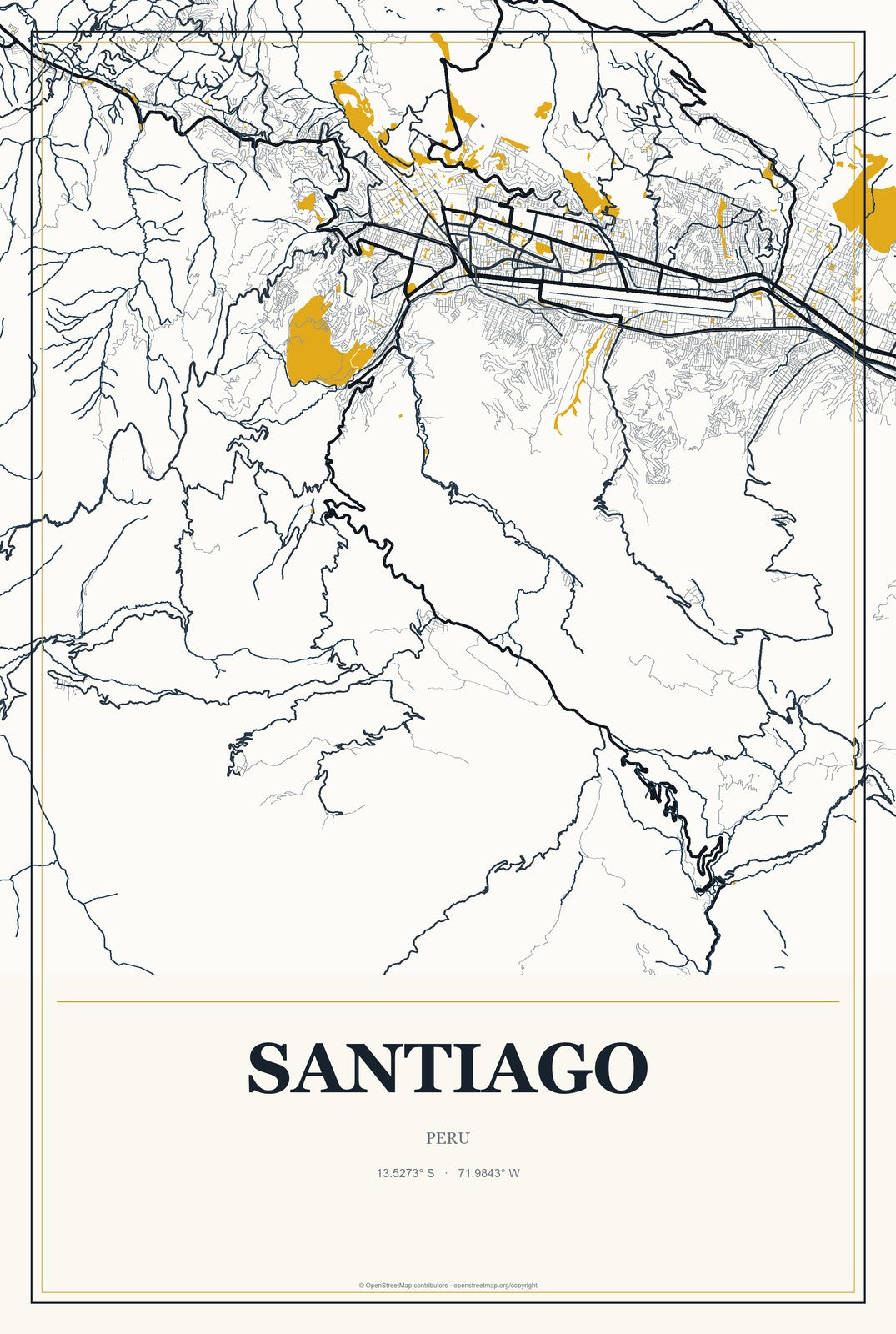 Santiago, Cuzco Department, Peru City Map Aluminum Sign in Citrine Modern style