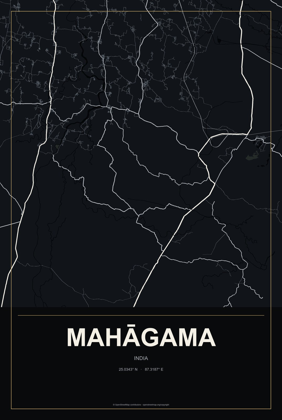 Mahāgama, India City Map Aluminum Sign in Metropolitan Noir style