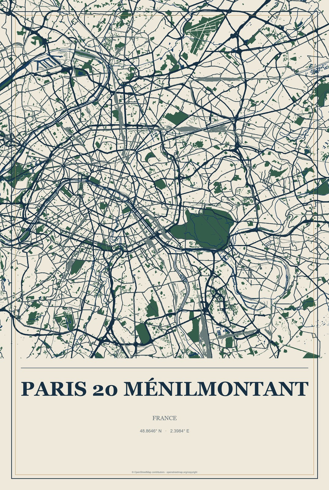 Paris 20 Ménilmontant, France City Map Aluminum Sign in Coastal Cutout style