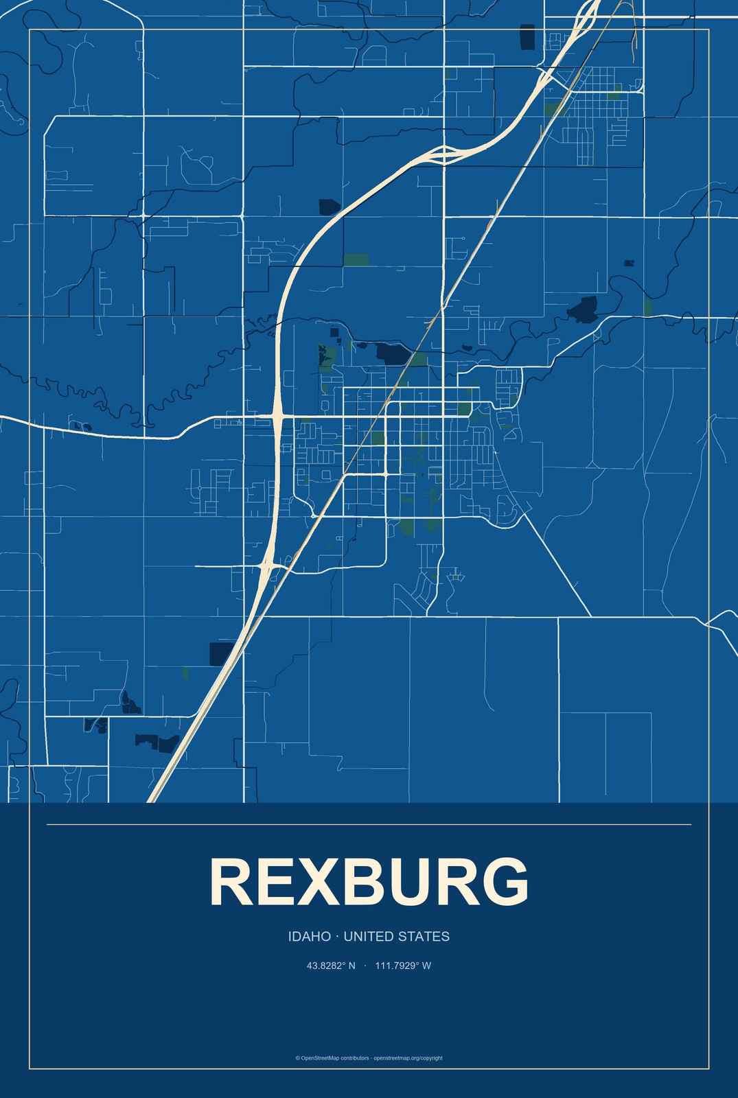 Rexburg, Idaho City Map Aluminum Sign in Harbor Cobalt style